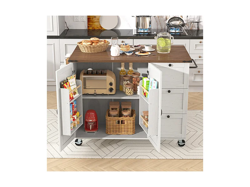 Ilot central de cuisine avec 3 tiroirs et 2 portes en MDF - porte-serviette - 5 roulettes - Beige - 140x45/73x92.5cm