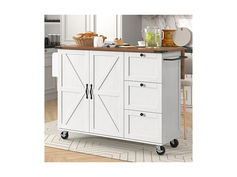 Ilot central de cuisine avec 3 tiroirs et 2 portes en MDF - porte-serviette - 5 roulettes - Beige - 140x45/73x92.5cm