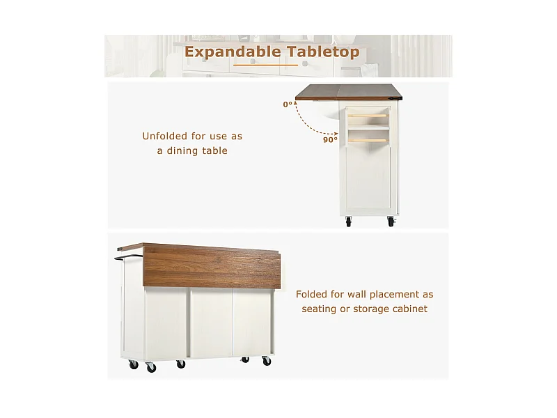 Ilot central de cuisine avec 3 tiroirs et 2 portes en MDF - porte-serviette - 5 roulettes - Beige - 140x45/73x92.5cm