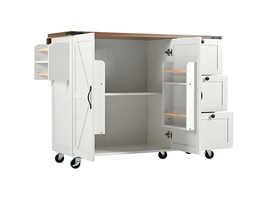 Ilot central de cuisine avec 3 tiroirs et 2 portes en MDF - porte-serviette - 5 roulettes - Beige - 140x45/73x92.5cm