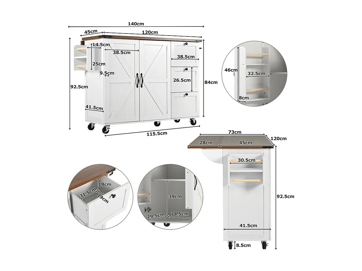 Ilha central de cozinha com 3 gavetas e 2 portas em MDF - toalheiro - 5 rodas - Bege - 140x45/73x92.5cm