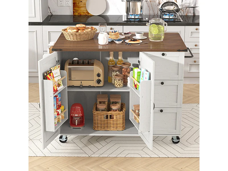 Ilha central de cozinha com 3 gavetas e 2 portas em MDF - toalheiro - 5 rodas - Bege - 140x45/73x92.5cm