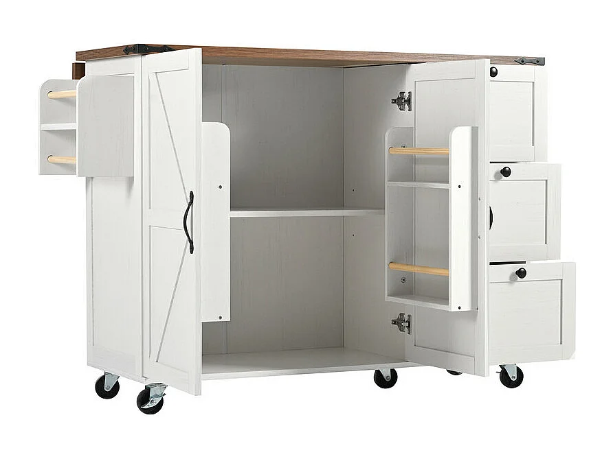 Ilha central de cozinha com 3 gavetas e 2 portas em MDF - toalheiro - 5 rodas - Bege - 140x45/73x92.5cm