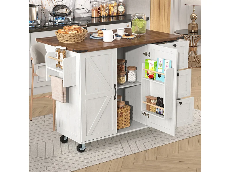 Ilot central de cuisine avec 3 tiroirs et 2 portes en MDF - porte-serviette - 5 roulettes - Beige - 140x45/73x92.5cm