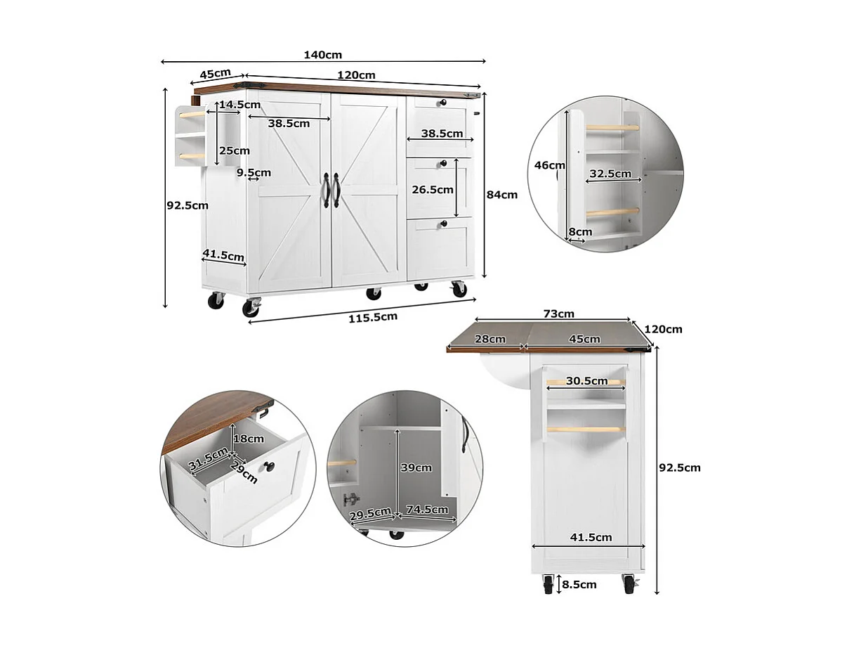 Ilot central de cuisine avec 3 tiroirs et 2 portes en MDF - porte-serviette - 5 roulettes - Beige - 140x45/73x92.5cm