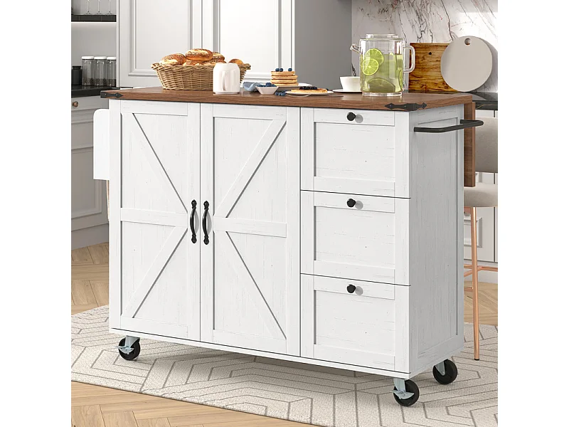 Ilot central de cuisine avec 3 tiroirs et 2 portes en MDF - porte-serviette - 5 roulettes - Beige - 140x45/73x92.5cm