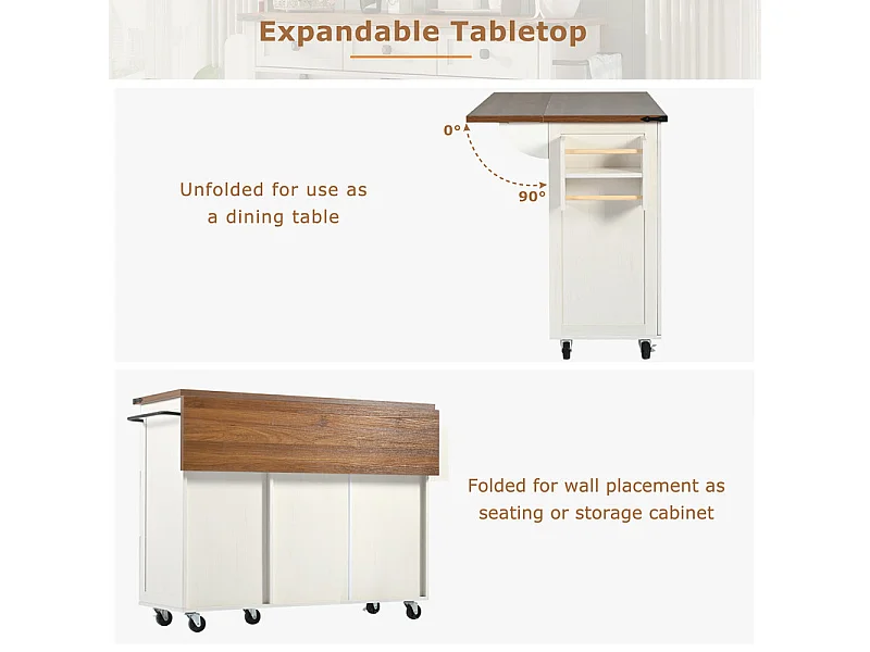 Ilot central de cuisine avec 3 tiroirs et 2 portes en MDF - porte-serviette - 5 roulettes - Beige - 140x45/73x92.5cm