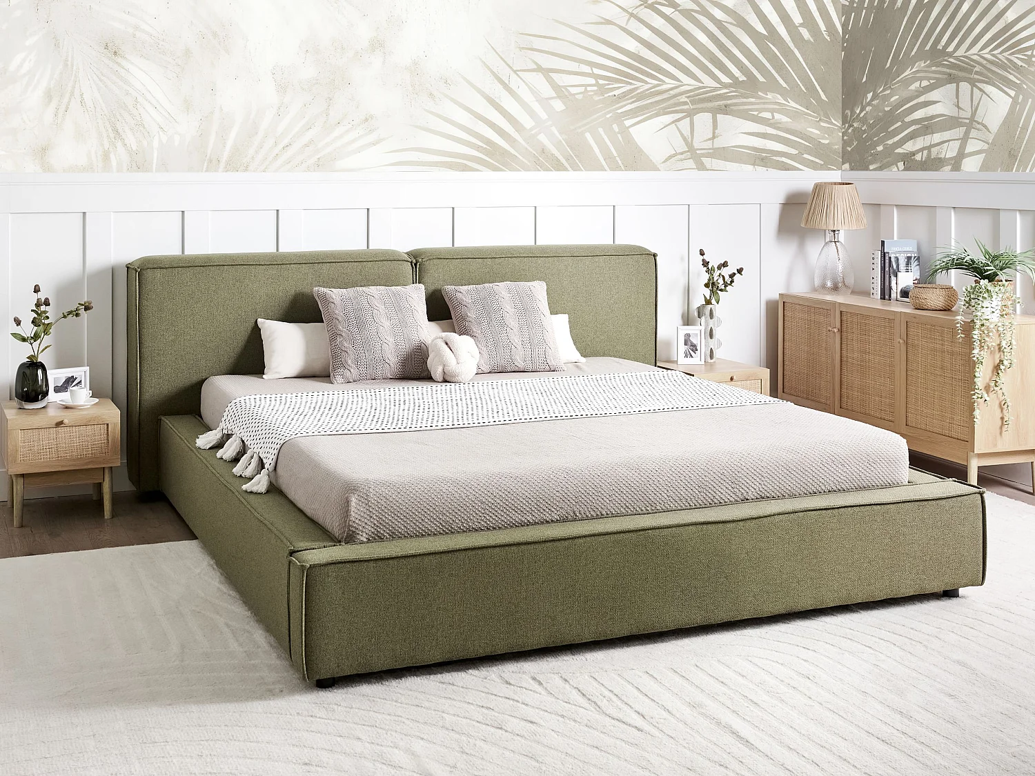 Lit avec sommier Tissu LINARDS 180 x 200 cm Vert olive