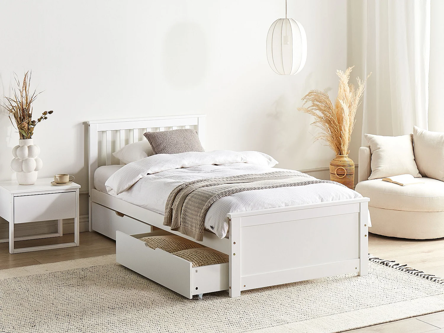 Letto con cassetti contenitori Legno di pino OLENDON 90 x 200 cm Bianco