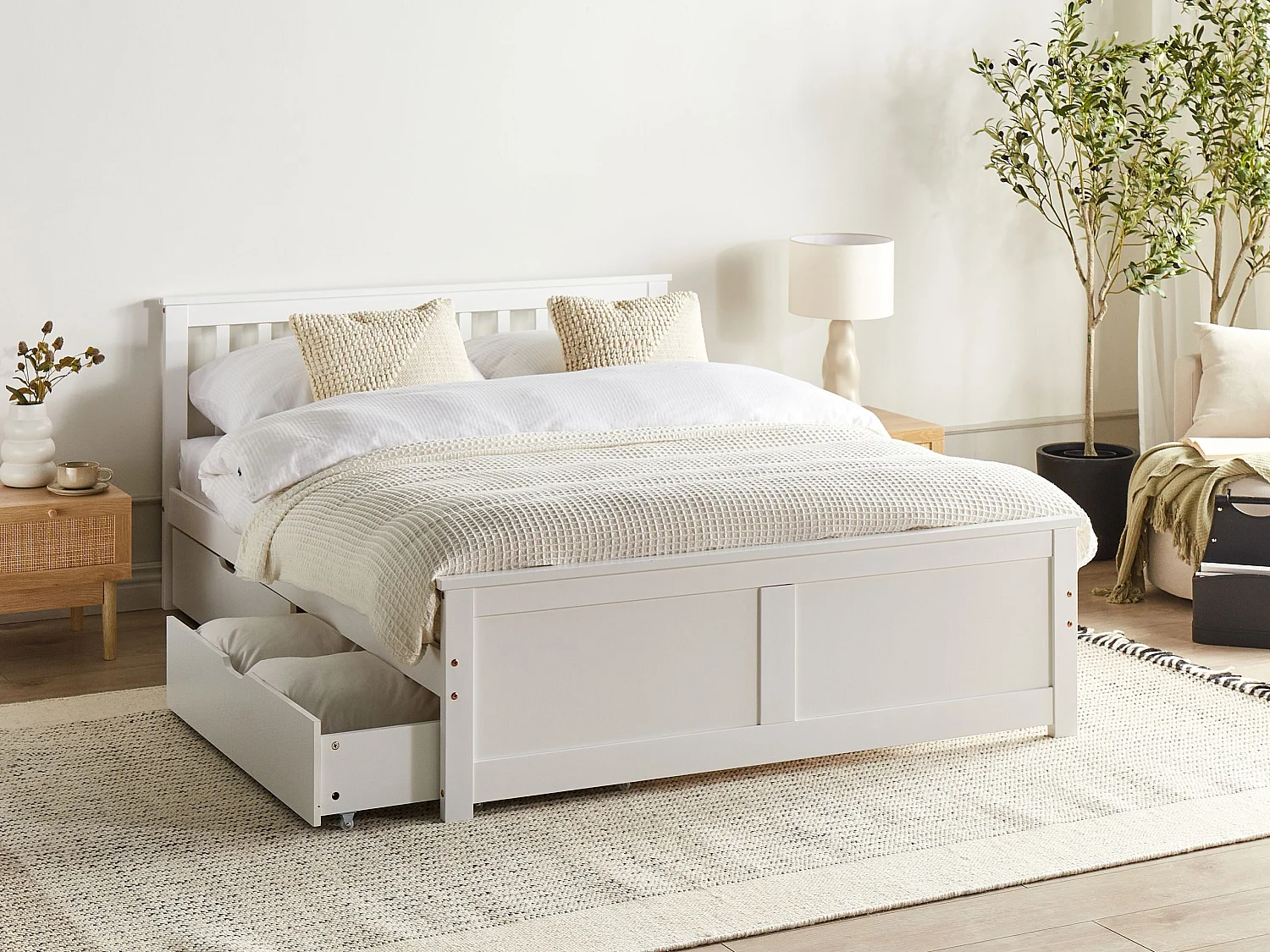 Bed with 2 Drawers OLENDON Pine Wood White 140 x 200 cm (EU Double)