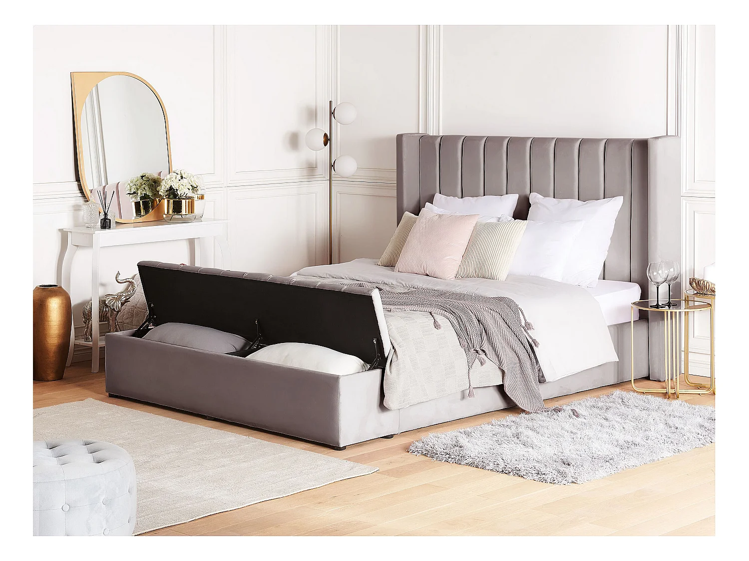 Luxuriöses Wasserbett Samtstoff zusätzlicher Staumraum 160 x 200 cm grau Noyers