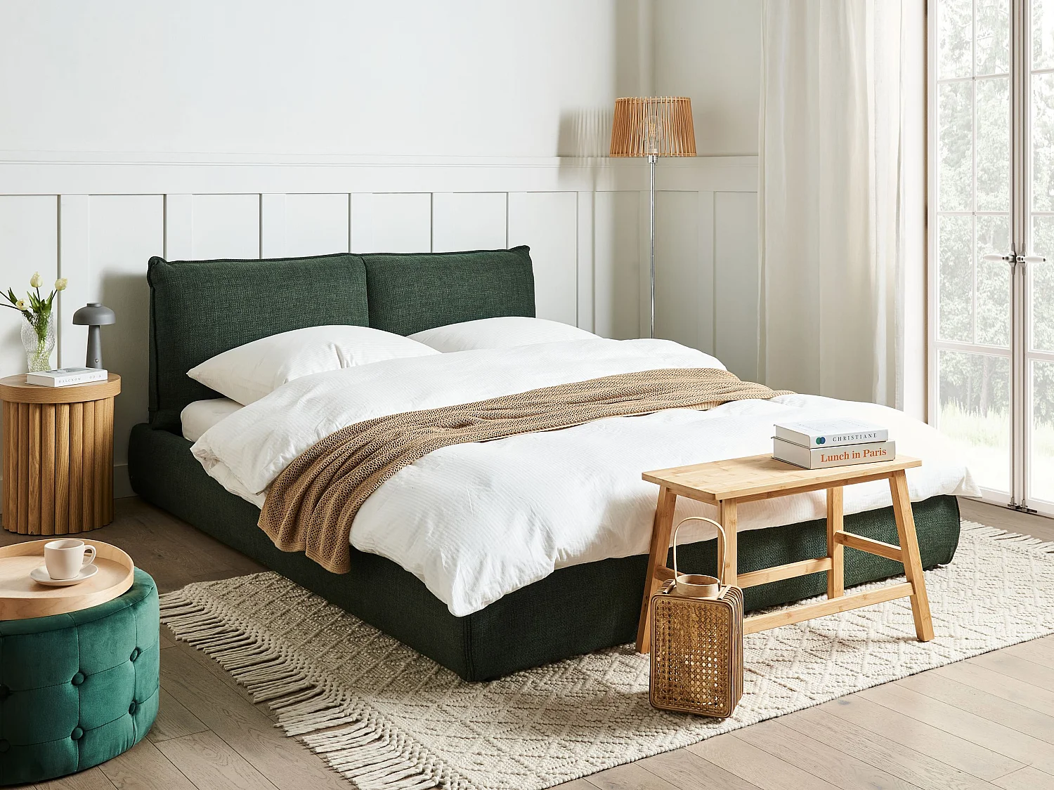 Lit avec sommier Tissu VINAY 160 x 200 cm Vert foncé