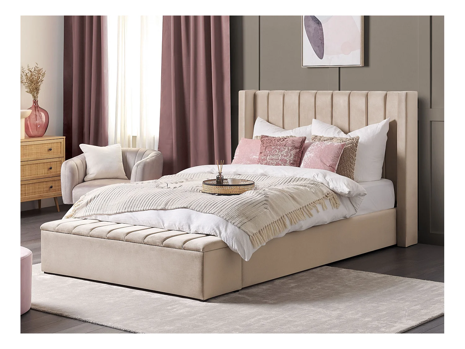 Lit à eau avec banquette de rangement Velours NOYERS 160 x 200 cm Beige