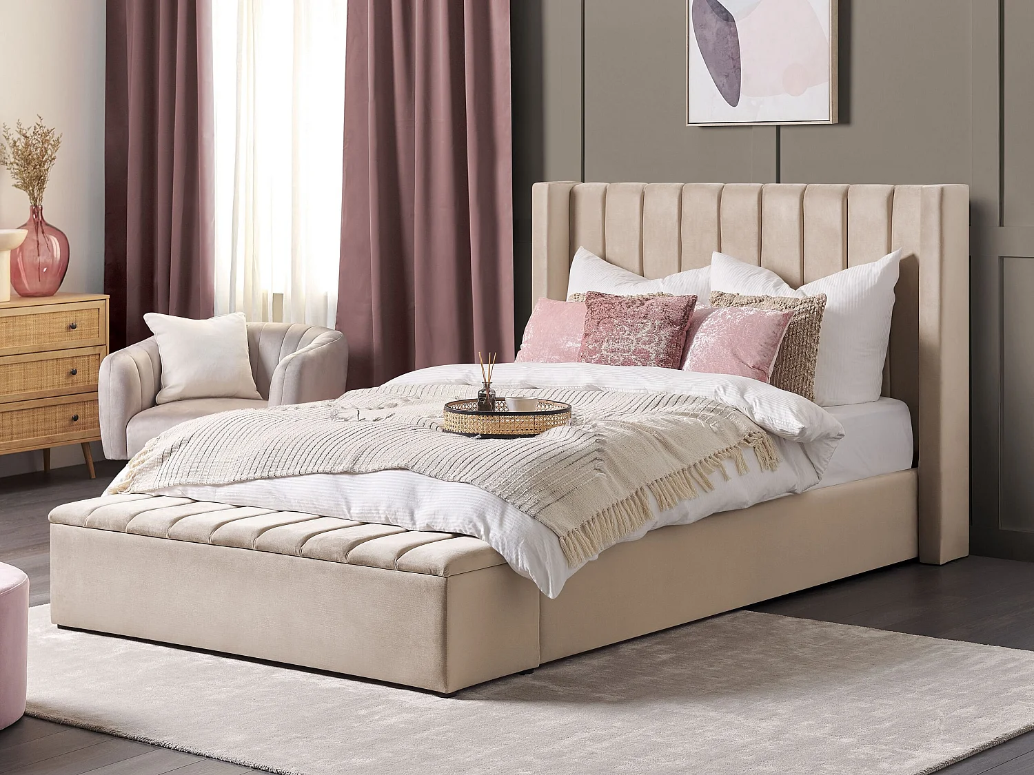 Letto ad acqua con panca contenitore Velluto NOYERS 160 x 200 cm Beige