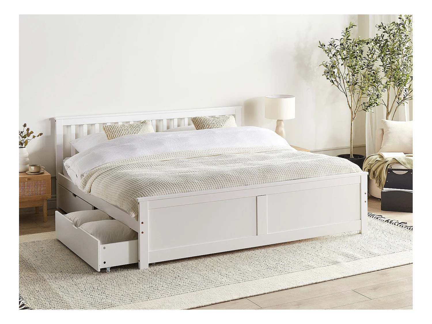 Lit avec tiroirs de rangement Bois de pin OLENDON 180 x 200 cm Blanc