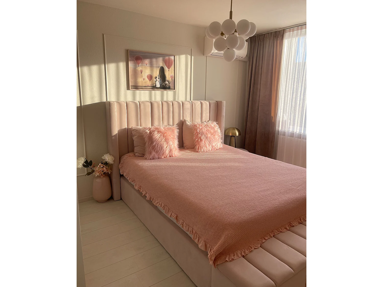 Letto ad acqua con panca contenitore Velluto NOYERS 160 x 200 cm Rosa pastello