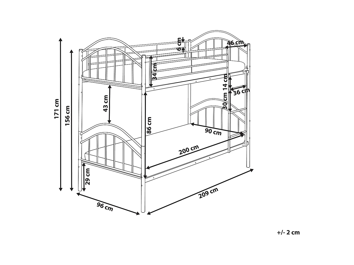 Lit superposé Métal CHARTRES 90 x 200 cm Blanc