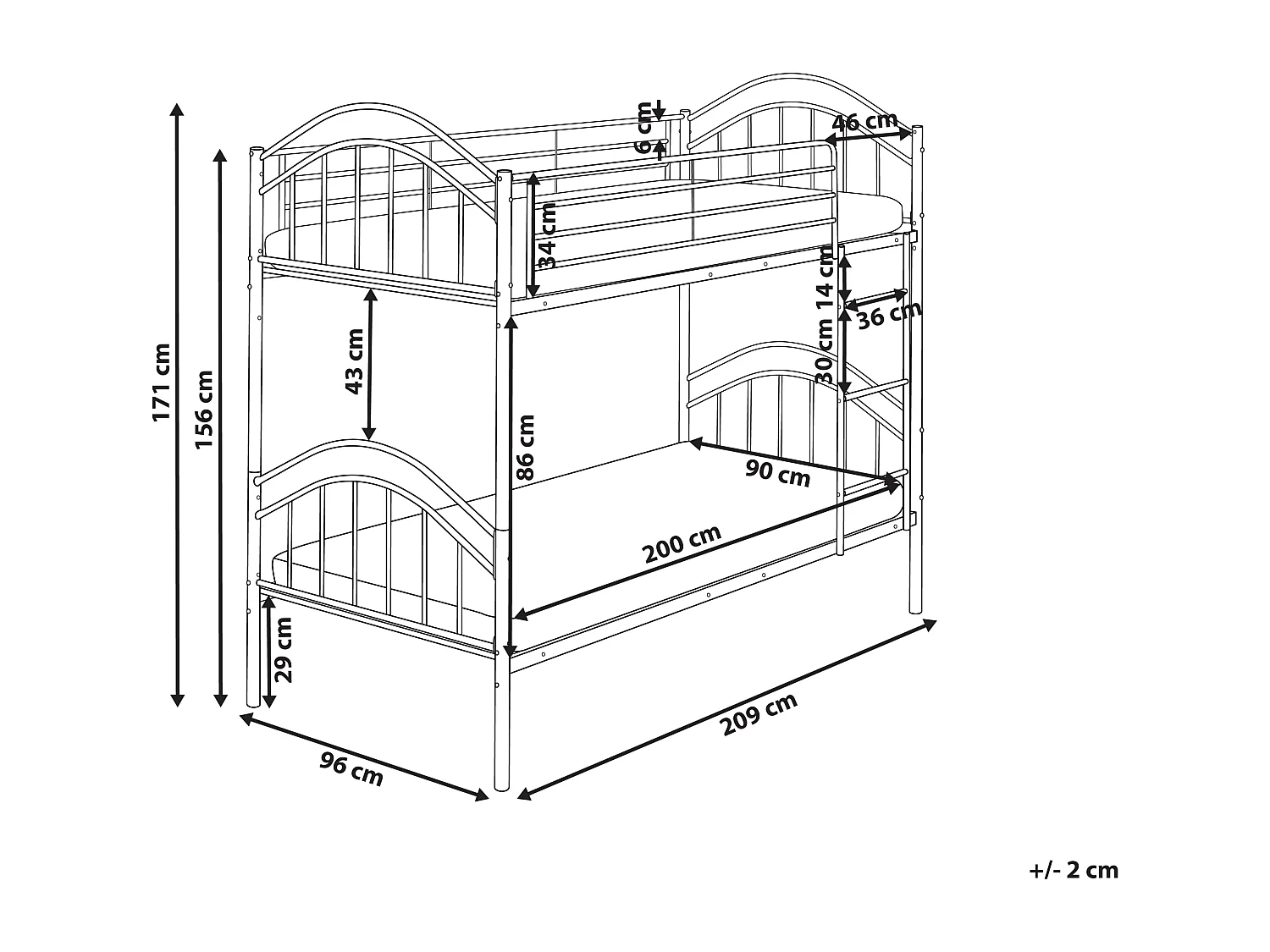 Hochbett Metall CHARTRES 90 x 200 cm Weiss