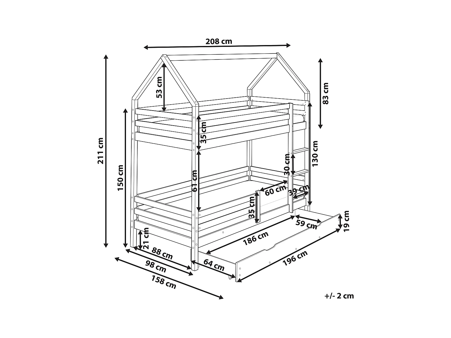 Letto a castello con cassetti casa Legno di pino GIRGOLS 90 x 200 cm con contenitore Bianco