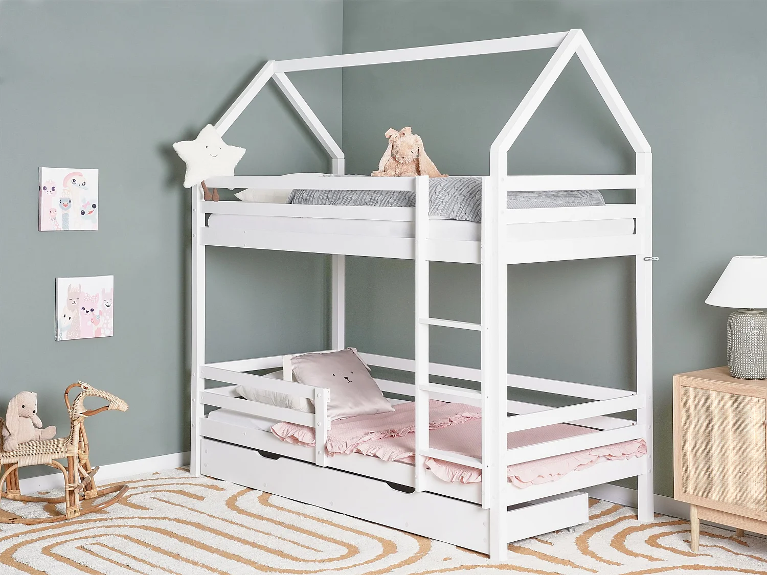 Hochbett mit Schubladen Haus Kiefernholz GIRGOLS 90 x 200 cm mit Stauraum Weiss