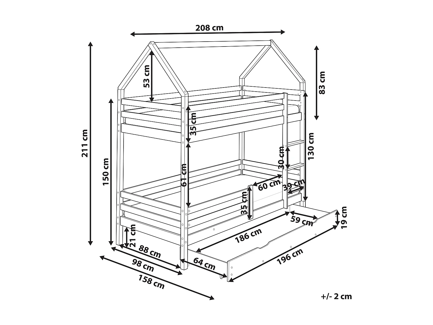 Lit superposé Maison Bois de pin GIRGOLS 90 x 200 cm avec rangement Blanc