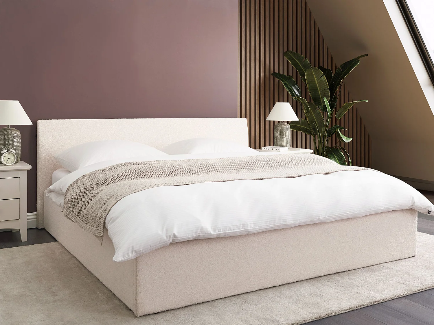 Lit ottoman Bouclé ORBEY 180 x 200 cm Blanc cassé