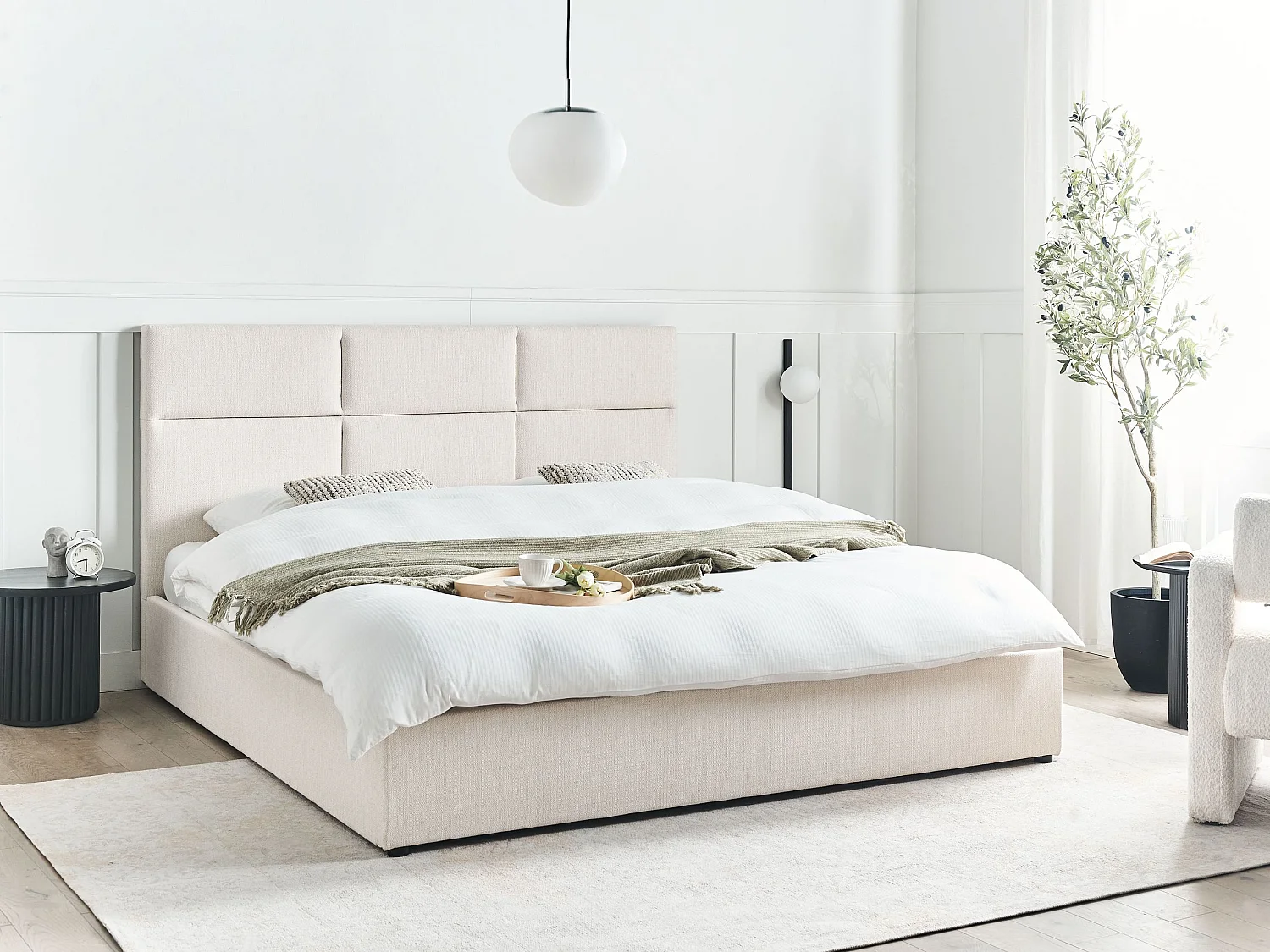 Cama con almacenaje Tela LAGORD 180 x 200 cm Blanco crema