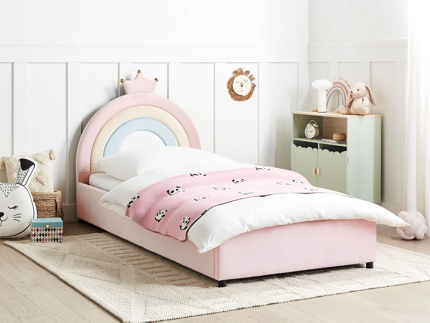 Lit ottoman enfant Couronne Velours GRISETOT 90 x 200 cm avec rangement Rose