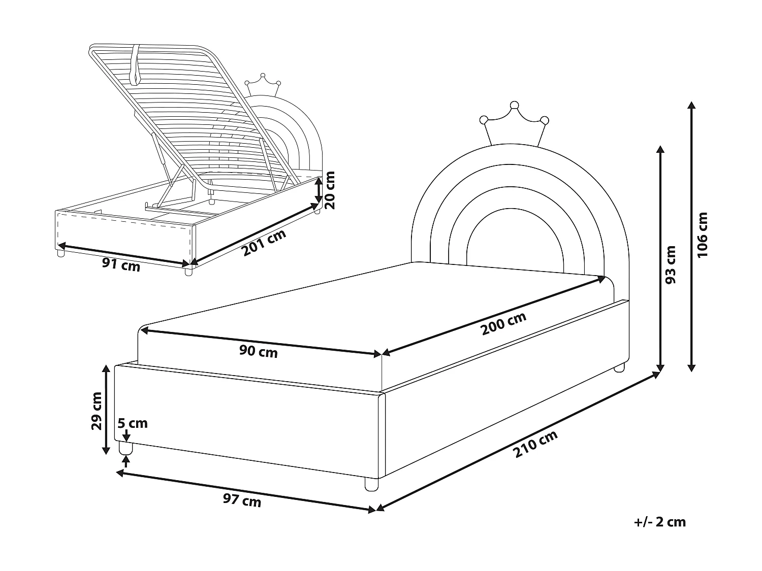 Lit ottoman enfant Couronne Velours GRISETOT 90 x 200 cm avec rangement Rose