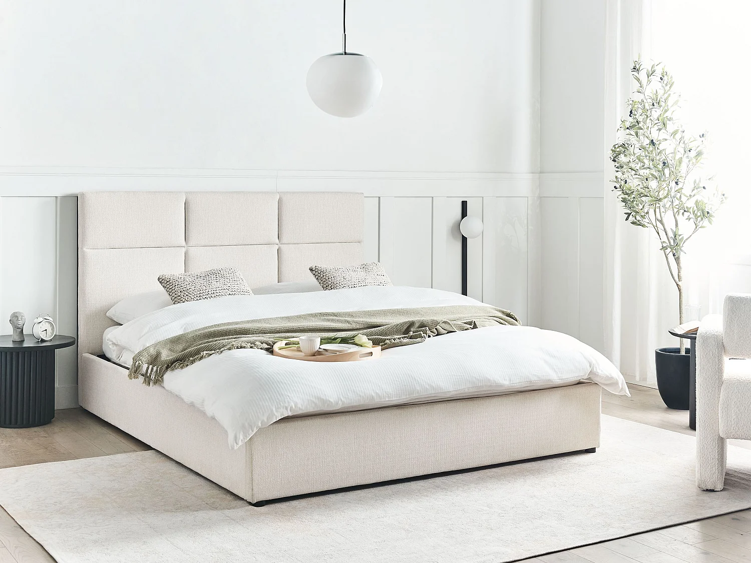 Cama con almacenaje Tela LAGORD 160 x 200 cm Blanco crema
