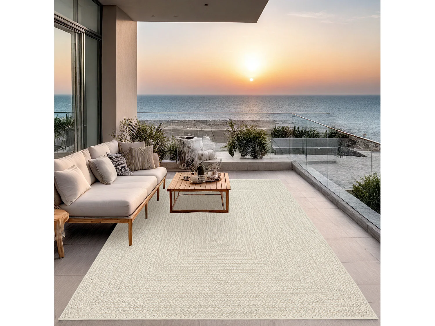Tapete Kansas Exterior Interior Estilo Juta Resistente Intempéries lisa - Creme - 120 x 170 cm