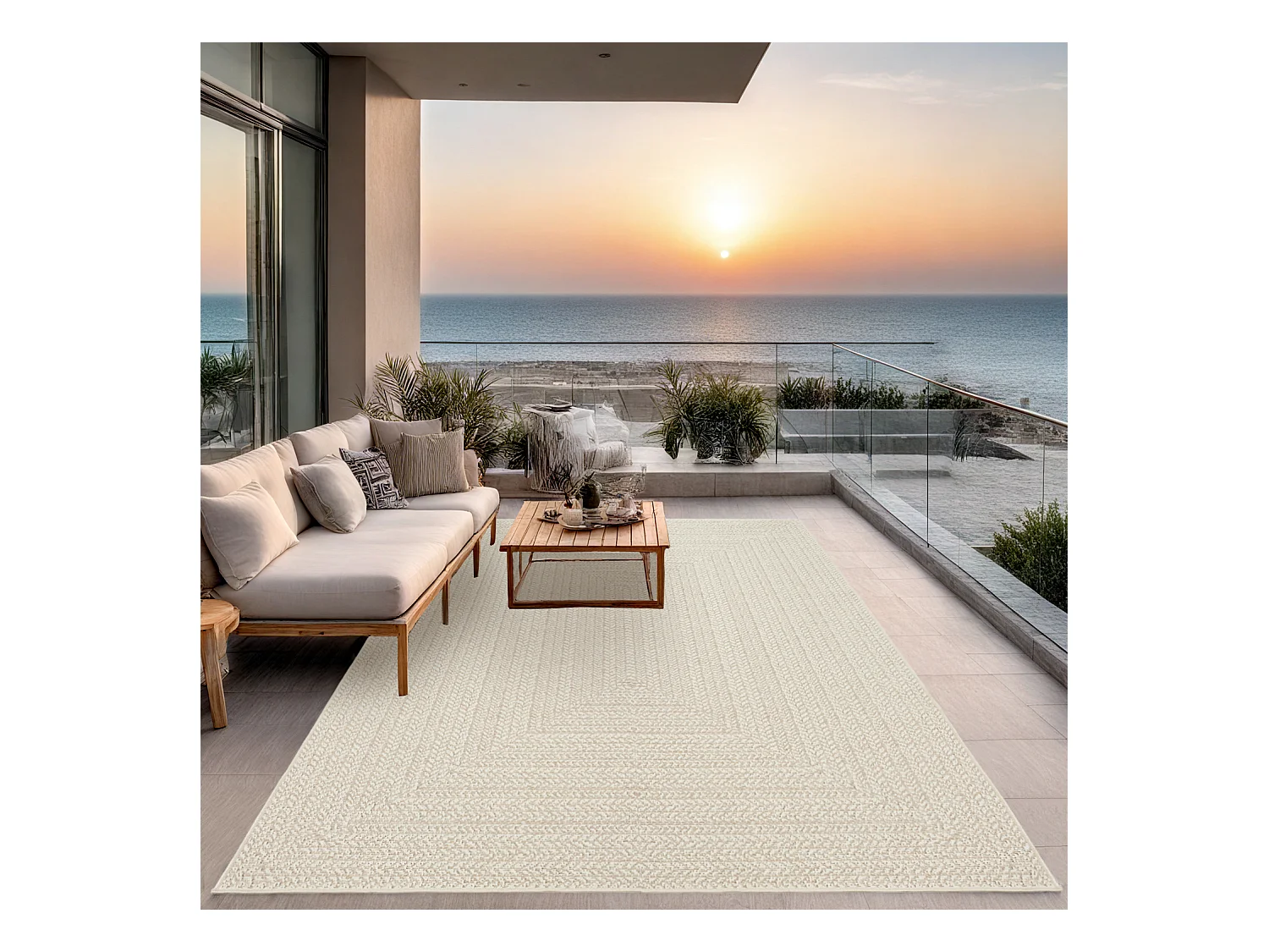 Alfombra Kansas Exterior Interior Aspecto Yute Resistente intemperie liso - Crema - 80 x 250 cm