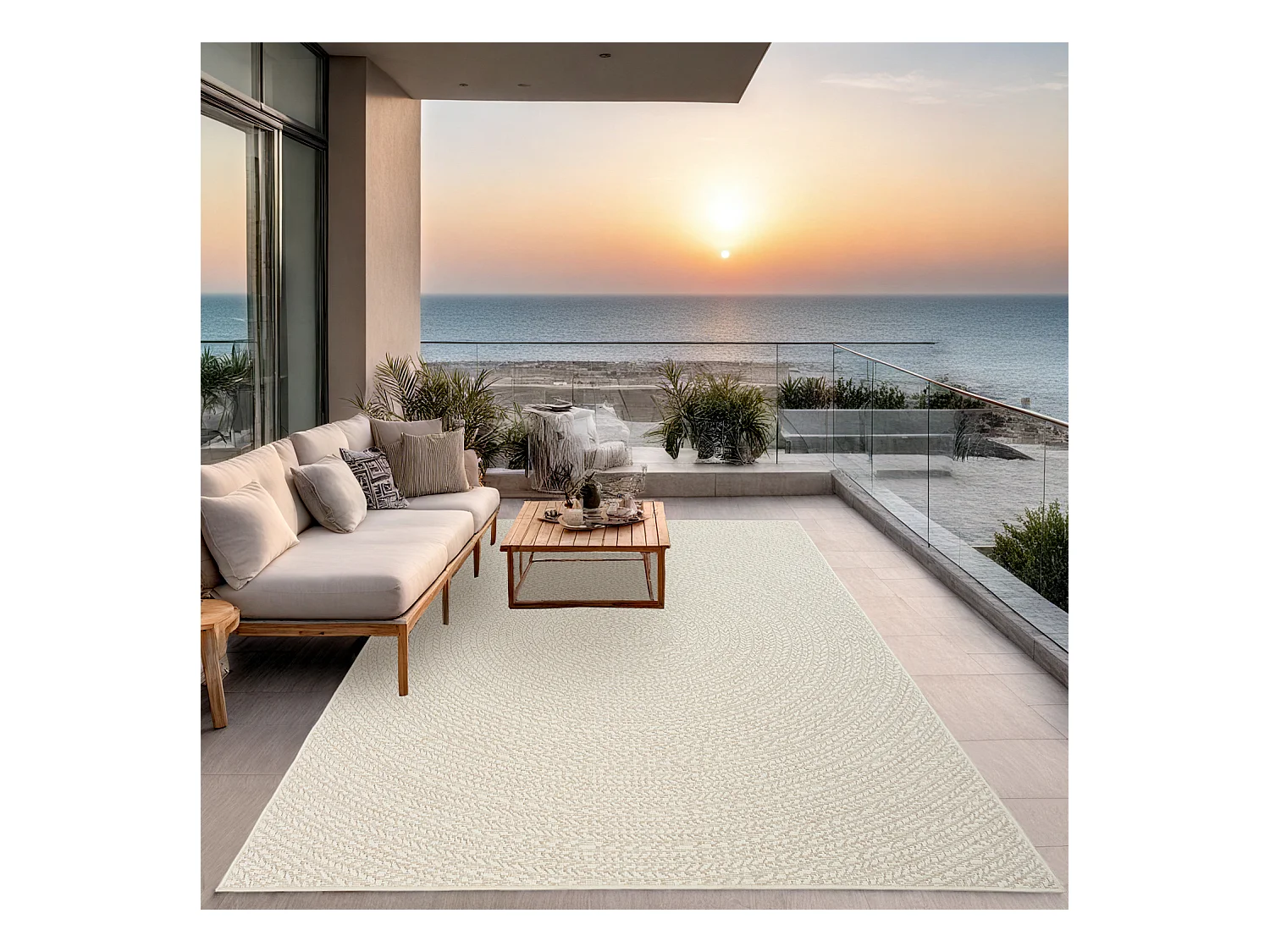 Tapis Kansas intérieur extérieur jute résistant intempéries terrasse - Crème - 80 x 250 cm