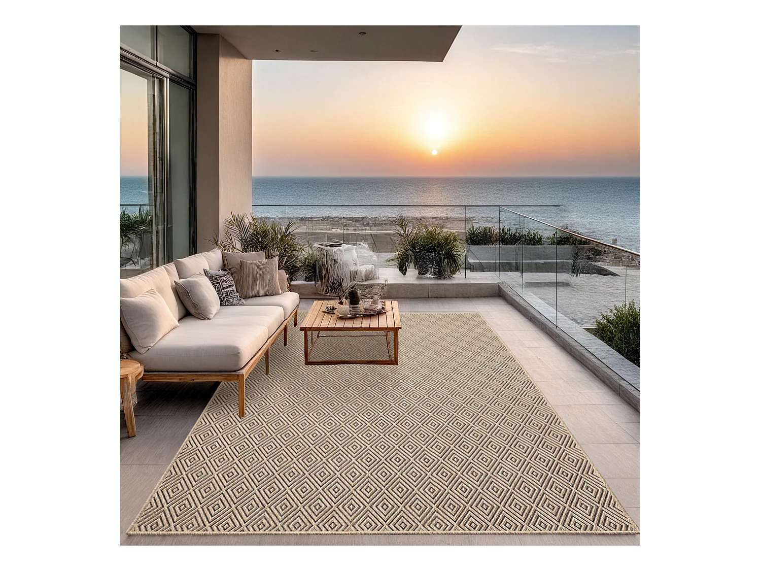 Tapis Kansas intérieur extérieur jute diamant résistant intempéries terrasse - Nature - 80 x 250 cm