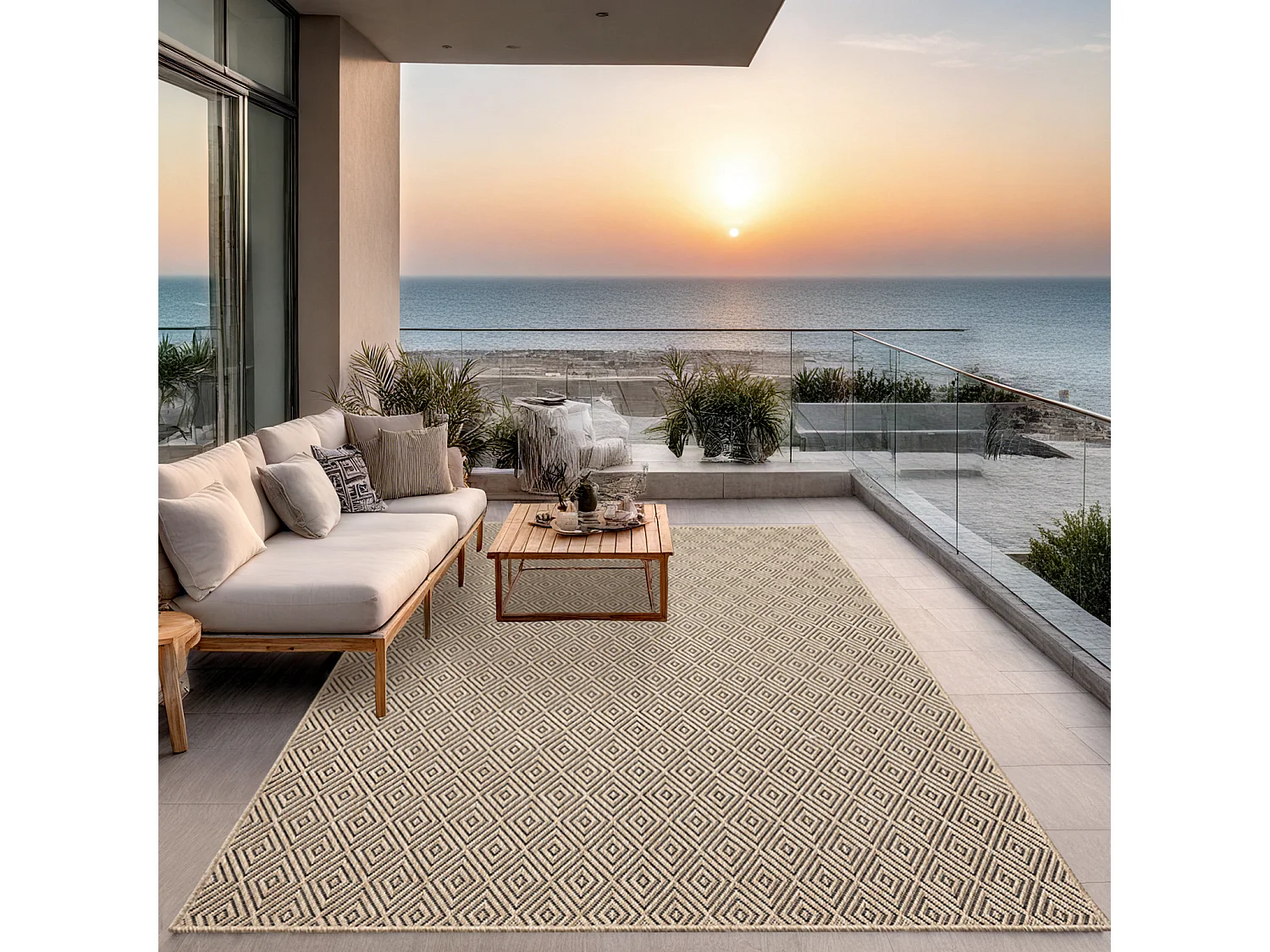 Tapis Kansas intérieur extérieur jute diamant résistant intempéries terrasse - Nature - 200 x 290 cm