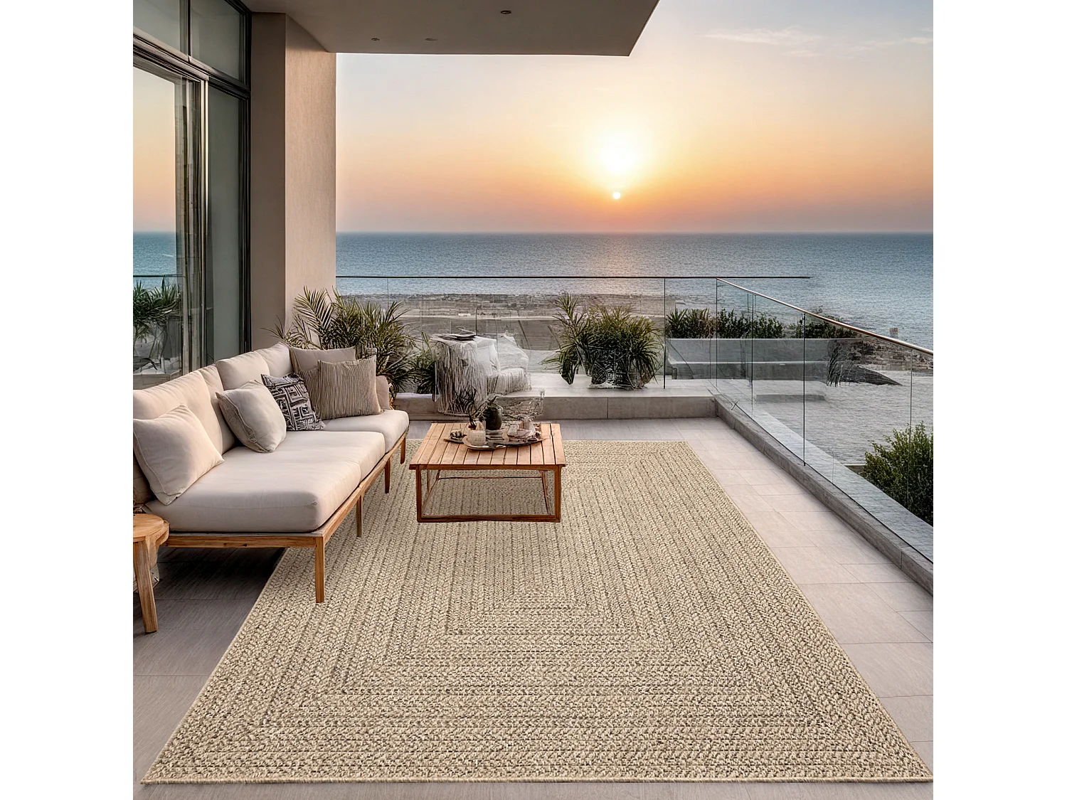 Alfombra Kansas Exterior Interior Aspecto Yute Resistente intemperie liso - Naturaleza - 120 x 170 cm