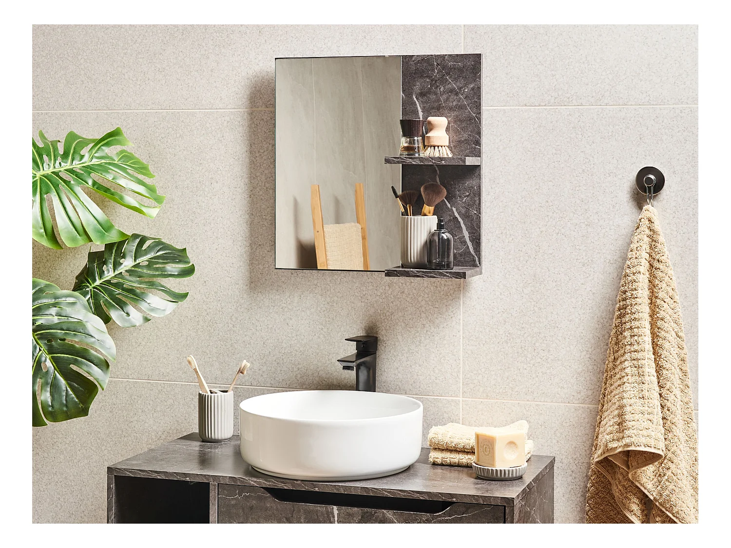 Miroir mural avec étagère PELOTAS 45 cm 45 cm Marbre/noir