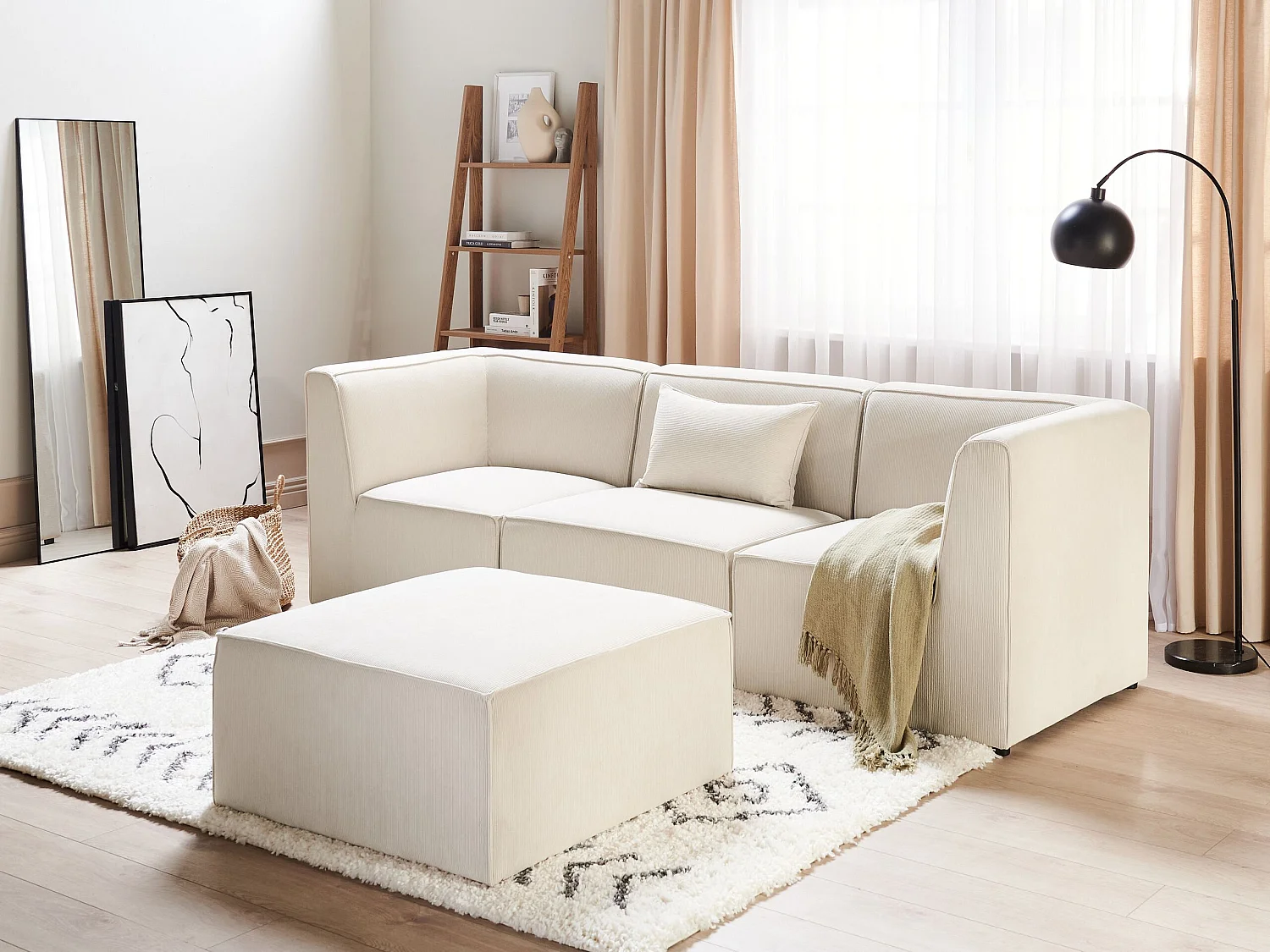 Canapé modulable 3 places LEMVIG Velours côtelé Beige clair avec ottoman