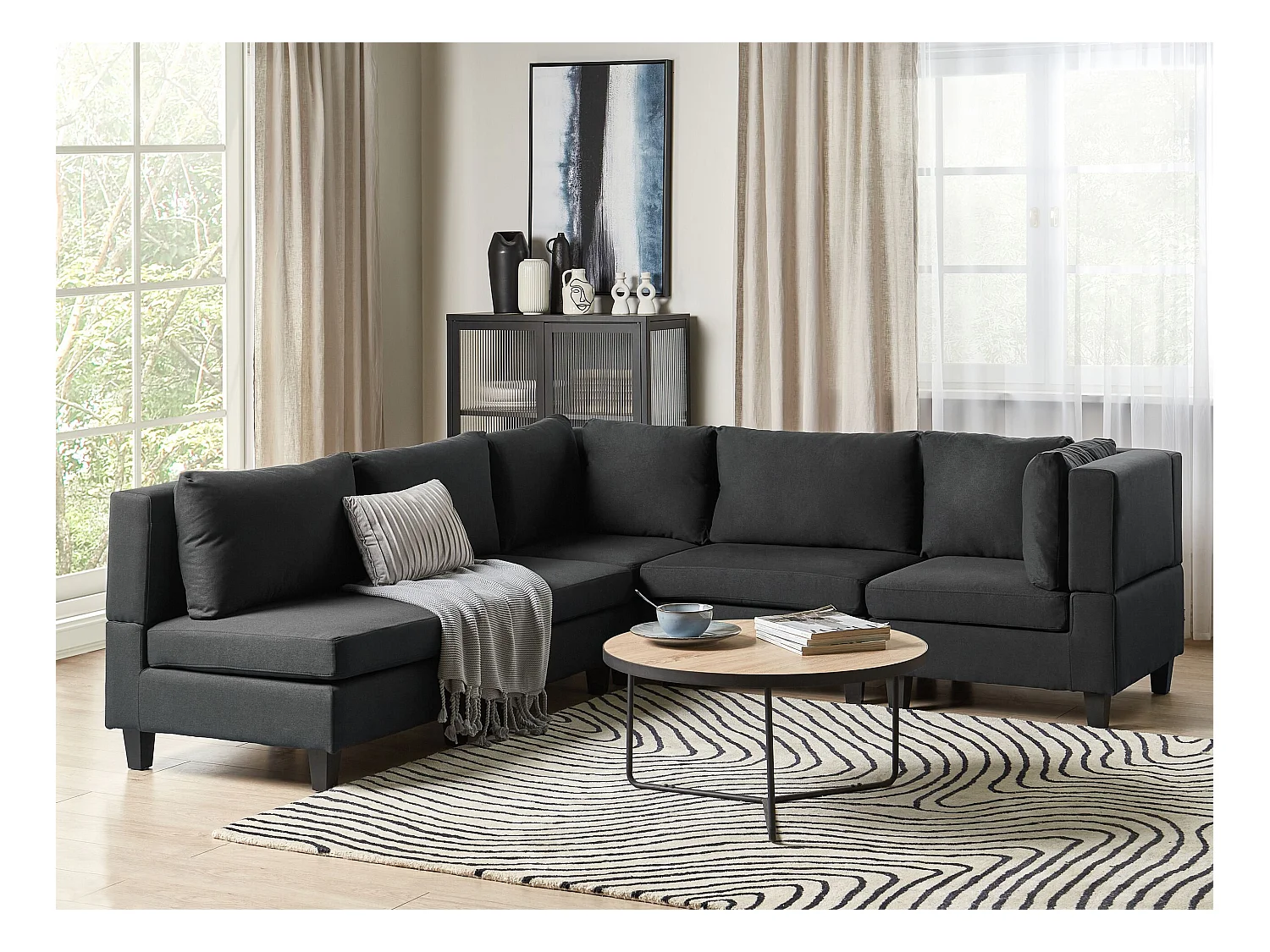 Canapé d'Angle Moderne Modulaire 5 Places Côté droite en Tissu Rembourré Noir Unstad