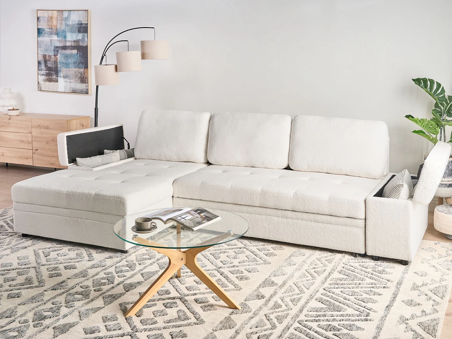 Sofá-cama de canto HRISEY Bouclé Branco com arrumação 3 lugares à direita