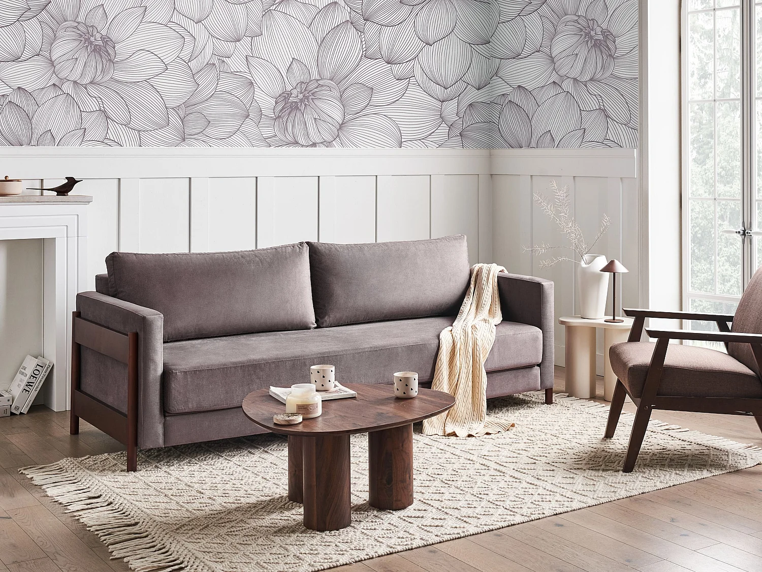 Stoffsofa mit Schlaffunktion Polyesterpolsterung Birkenholz dunkelbraune Beine Wohnzimmer Schlafzimmer Taupe Orsa