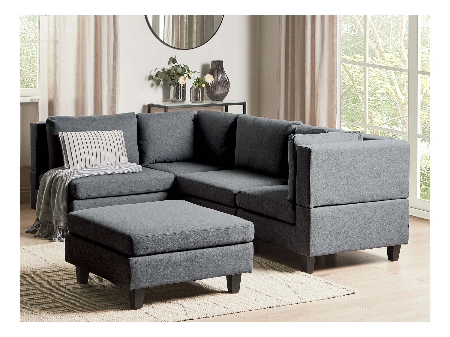 Canapé d'Angle Moderne Modulaire 4 Places Côté Droit avec Ottoman Pieds Noirs et Tissu Rembourré Gris Foncé Unstad