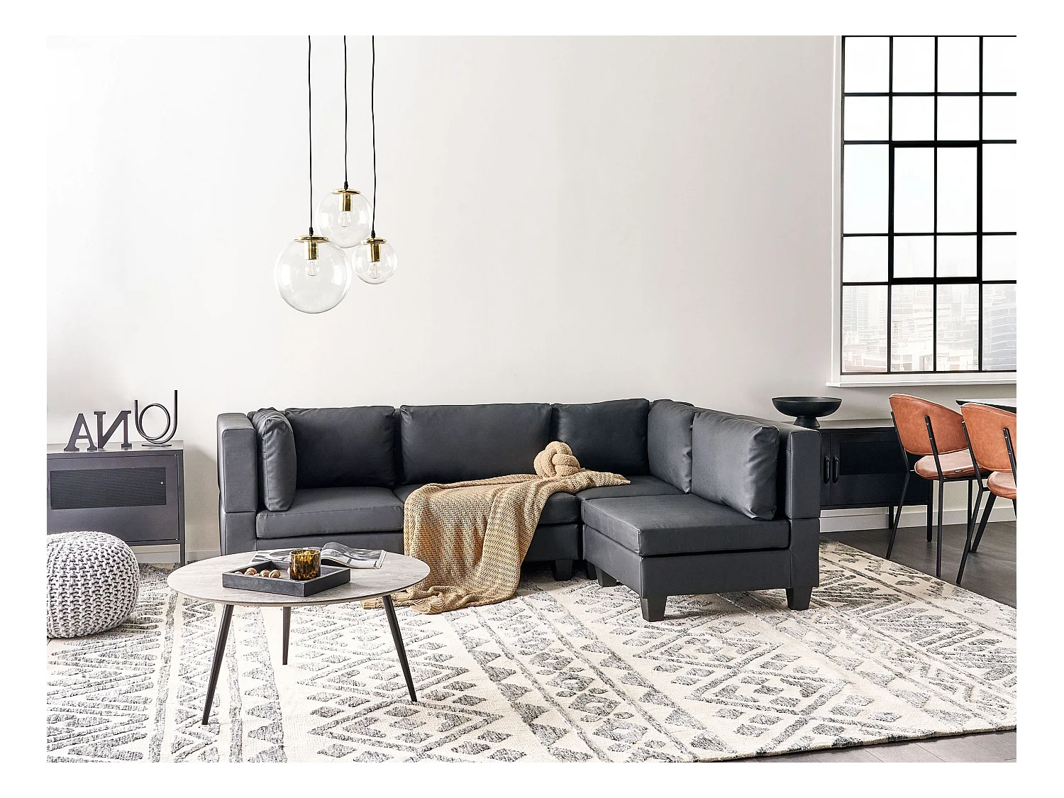 Canapé d'Angle Moderne Modulaire 4 Places Côté droite en Cuir PU Rembourré Noir Unstad