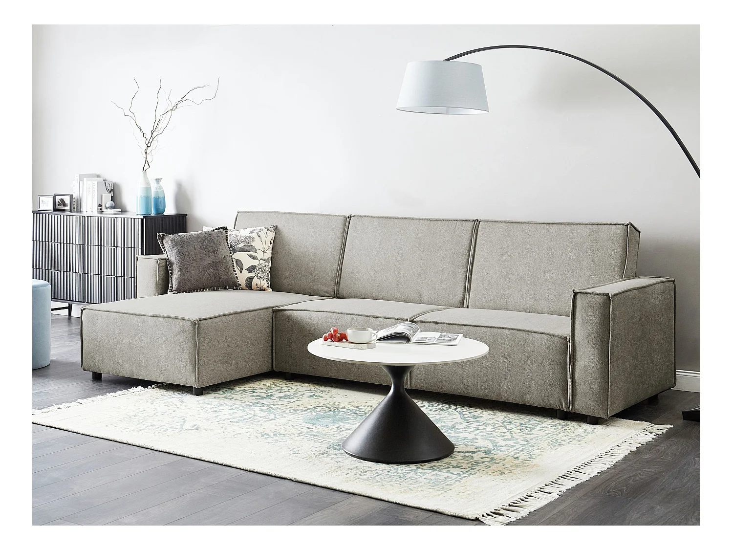 Canapé-lit d'Angle à gauche en Tissu 3 Places Rembourré en Forme de L Beige Romedal II