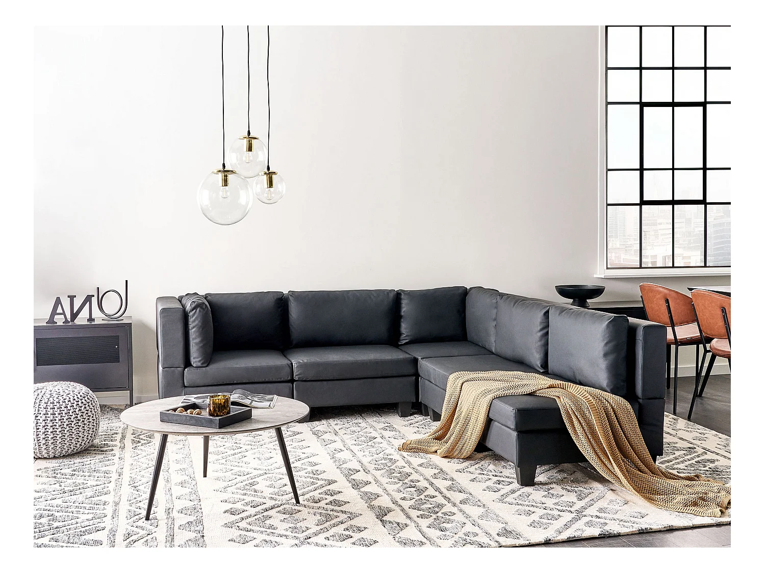 Canapé d'Angle Moderne Modulaire 5 Places Côté droite en Cuir PU Noir Unstad