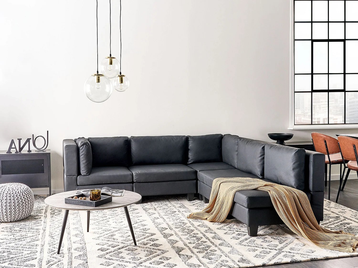 Narożnik modułowy UNSTAD Ekoskóra Czarny dla 5 osób Lewostronny