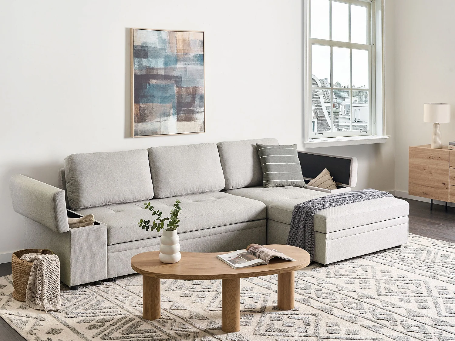 Canapé-lit d'angle 3 places HRISEY Bouclé Blanc avec rangement Côté gauche