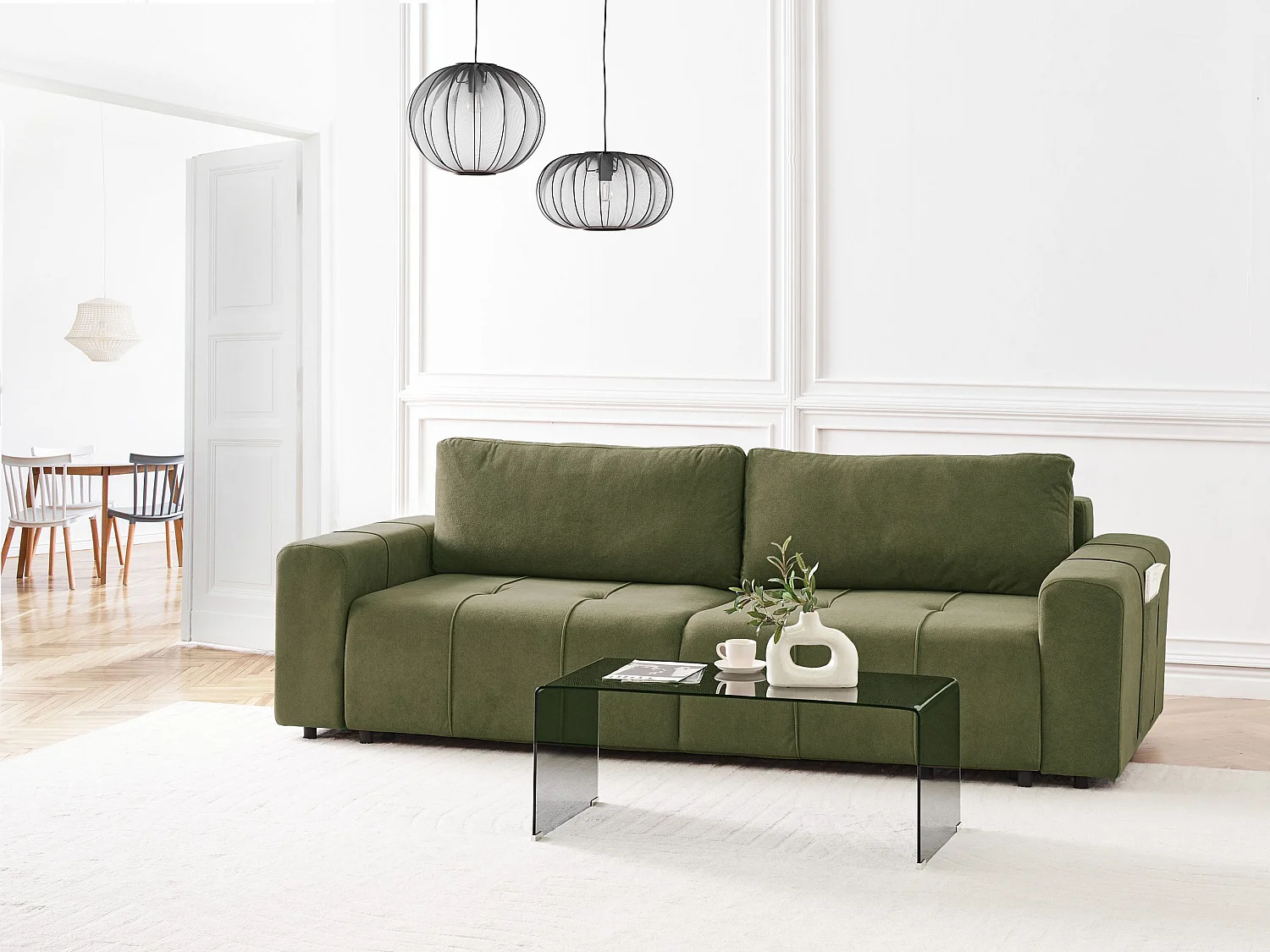 Sofa Stoff grün 3-Sitzer gepolstert mit Schlaffunktion und Stauraum Innvik