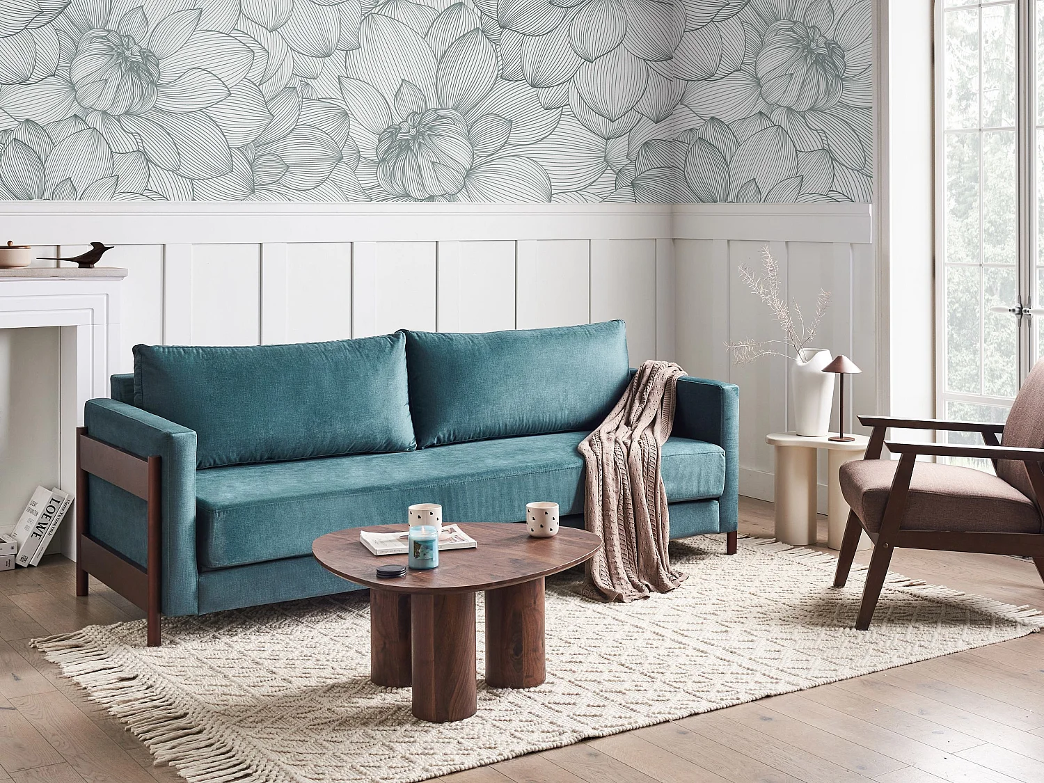 Stoffsofa mit Schlaffunktion Polyesterpolsterung Birkenholz dunkelbraune Beine Wohnzimmer Schlafzimmer Grün Orsa