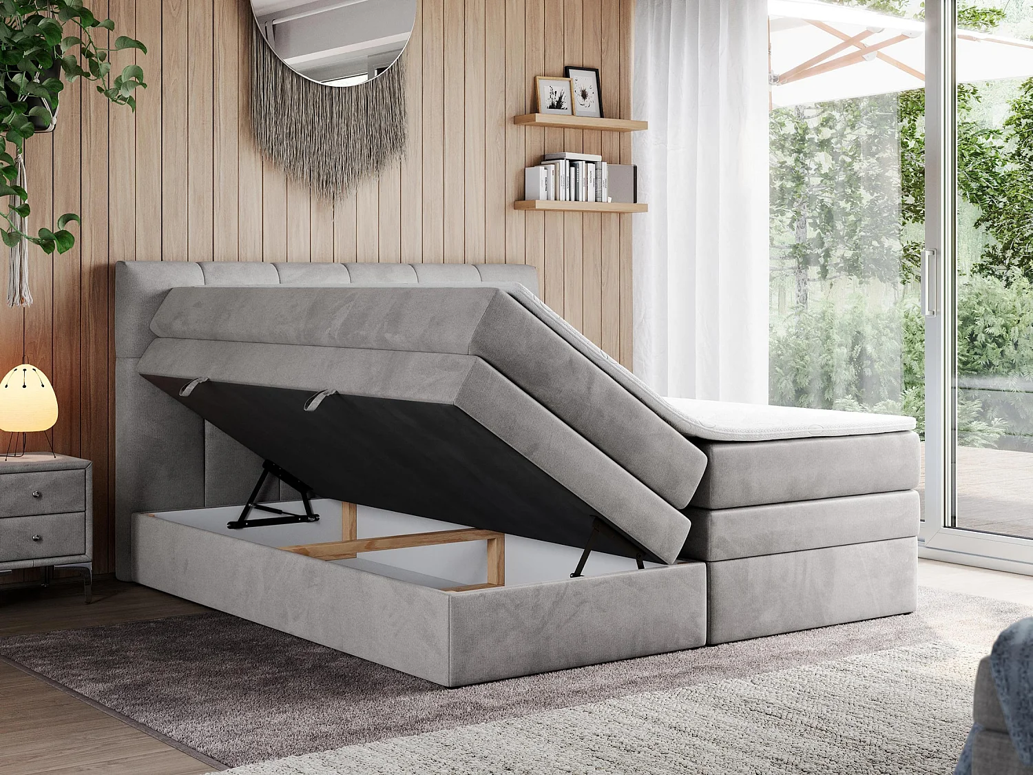 Boxspringbett ALVIN KING, mit zwei Multipocket-Matratzen, Bettkästen, genähtes Kopfteil - 180x200 cm - H4 - Hellgrau Velvet